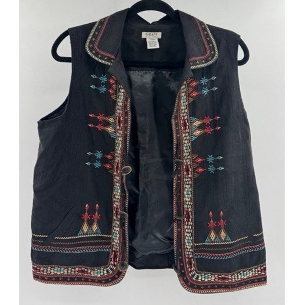 Vintage Graff Womens Black Embroidered Toggle Vest LARGE Southwest Folk Boho